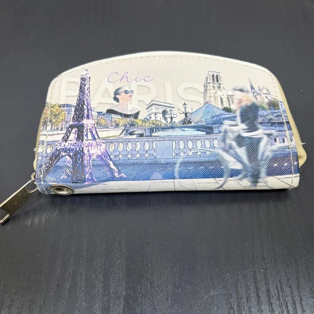 Paris Eiffel Tower Chic Zip Around Wallet Travel Coin Purse Blue Tan